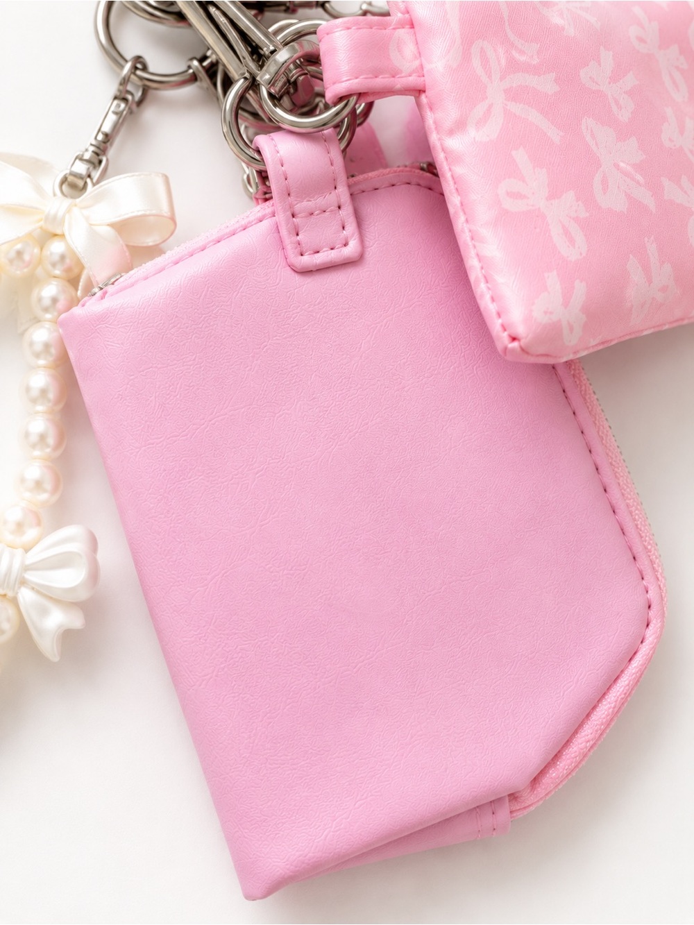Pink Dual Wristlet Keychain Coin Pouch Card Holder Pearl Bow Charm NWT - Picture 4 of 8